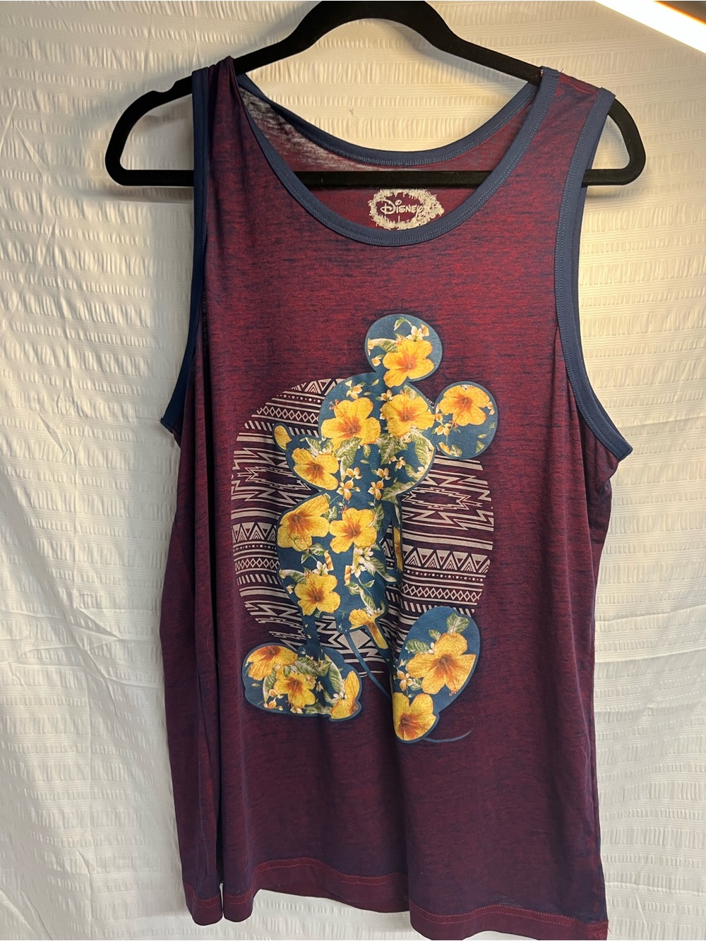 Disney Women's Maroon Tank Top with Yellow Floral Mickey Graphic